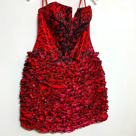 Jovani Strapless Leopard Beaded Ruffle textured cocktail Mini Dress 6 red black - Picture 8 of 8